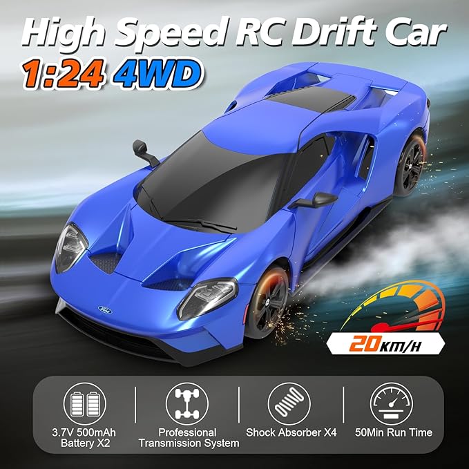 YONCHER RC Drift Car Remote Control Car for Kids Ford GT Officially Licensed 1:24 20KM/H 4WD with Lights Fast Racing Toy Car for Boys Girls Blue