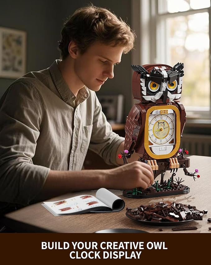 Owl Clock Building Blocks Set STEM Building Toys with Functional Clock Collectible Bird Display Model for Home Decor Christmas Birthday Gift for Adults &amp Boys 8-14 (964Pcs)