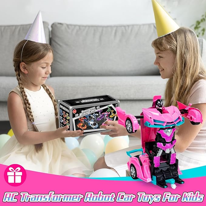 Pink Remote Control Car for Girls Age 3 4 5 6 7 8 Transformation Rc Cars Racing Car with One-Button Deformation &amp 360°Drifting Robot Toys for Birthday