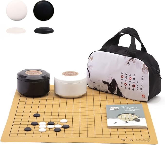 Portable Go Game Set Reversible 19x19 / 13x13 Faux Leather Foldable Game Board with Single Convex Ceramic Stone 361pcs and Plastic Go Bowls 2 Players Board Game