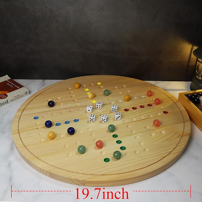 HOROW Wahoo Board Game - 20 Inch Solid Wood Board with 24 Natural Gemstone Marbles &amp 6 DiceDouble-Sided for 4 and 6 Players - Perfect for Family Game Nights and Parties