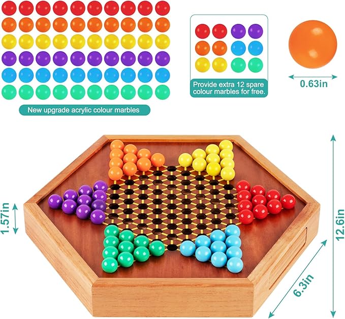 HOLYKING 12.6 Inchs Wooden Chinese Checkers with Drawer-Traditional Board Game with Set of 16mm 60+12 Colorful Acrylic Marbles Classic Strategy Family Game for up to 6 Players