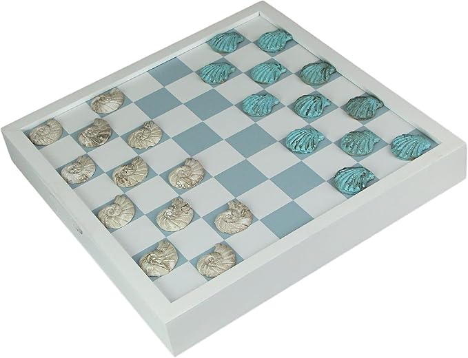 Coastal Themed Seashell Checkers Set with Game Board 13 Inches