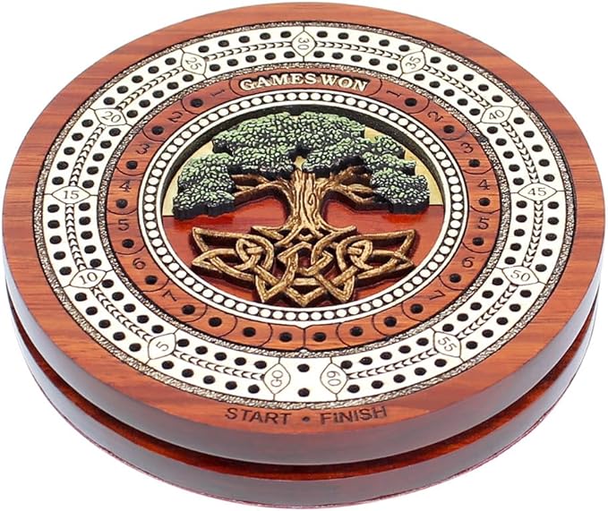 House of Cribbage - 2 Track 60 Points - Tree of Life Inlaid Wooden Travel/Pocket Size Cribbage Board - Size 4 Inch (Blood Wood/Maple Wood)