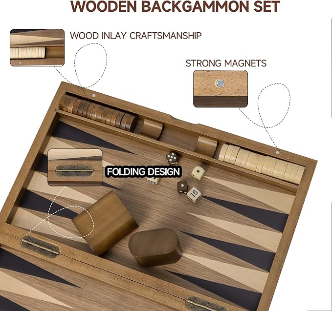 GSE Games &amp Sports Expert Premium Wooden Folding Inlay Backgammon Board Set Classic Traditional Strategy Board Games (Double Stripe- 17 Inches)