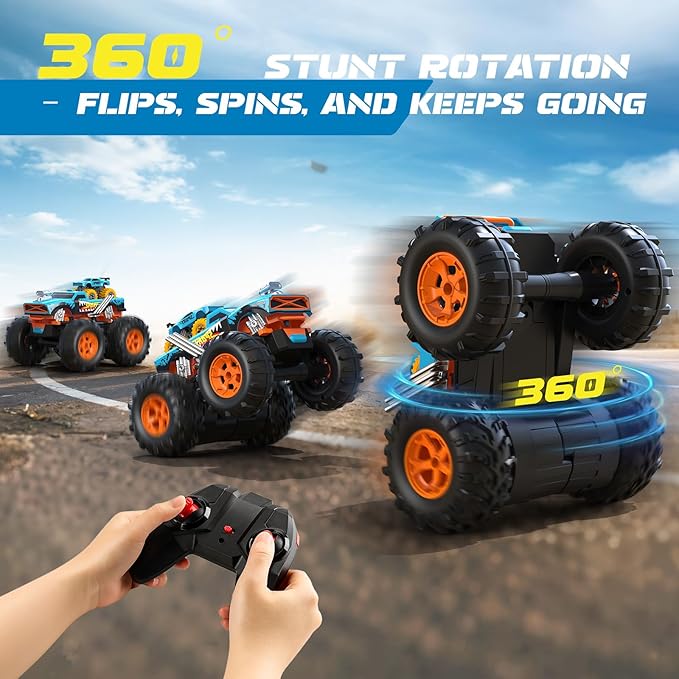 2-in-1 Remote Control Car with Transform Launcher Track – 1:16 RC Monster Truck Toys 2.4GHz Self-Standing 360° Flips Towing Mini Cars &amp Electric Scoring Gate Truck Gift for Kids Boys Girls Age 4-