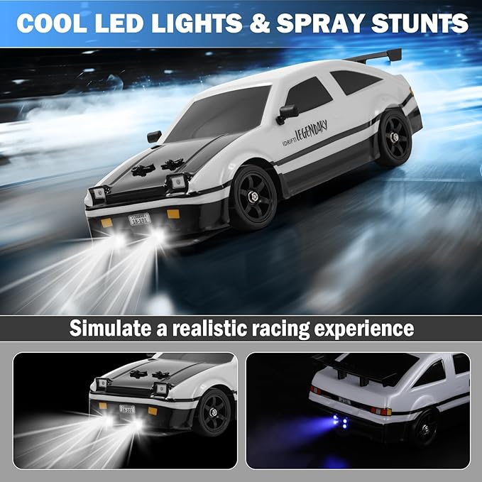 RC Drift Car 1:16 Scale AE86 Model RC Drift Car 4WD 18KM/h High Speed Remote Control Cars with LED Lights Spray Drifting Tires Sport Racing On-Road Vehicle for Teens Adults