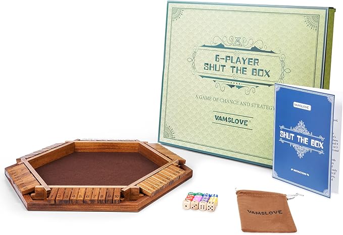 Vamslove Shut The Box Dice Game Wooden Board (L15 x W13) for 1 2 3 4 5 6 Player 6 Sided 10 Numbers Math Games with 16 Dices for Kids Adults(Instructions Included)