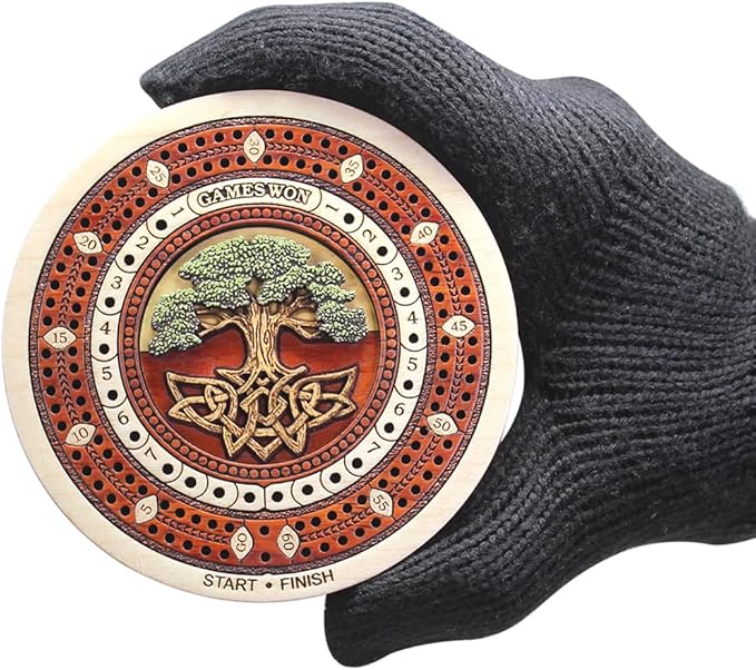 House of Cribbage - 2 Track 60 Points - Tree of Life Inlaid Wooden Travel/Pocket Size Cribbage Board - Size 4 Inch (Maple Wood/Blood Wood)