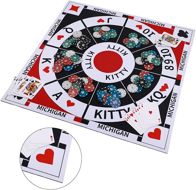 Michigan Rummy Board Game Set Tripoley Game Felt Mat Foldable Family Original Combination of Joker RummyHearts and Poker Includes 2 Decks of Cards and 200 Numbered Poker Chips