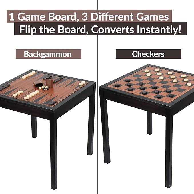 Sterling Games Wooden Chess Table | Chess Checkers and Backgammon 3 in 1 Combo Game Table Furniture Set 25 x 25 4 King Dark Zebra