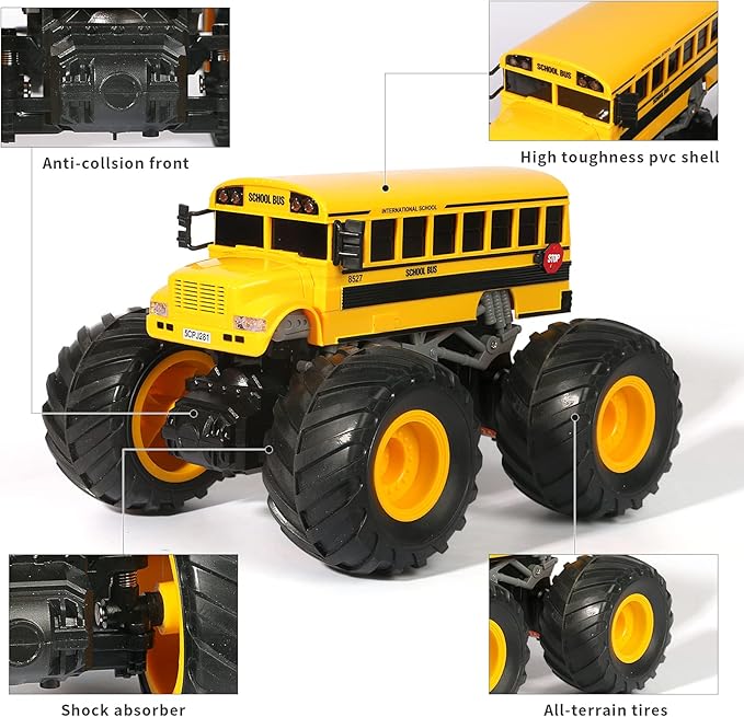 Remote Control School Bus Monster Truck Toy1/18 RC School Bus2.4GHz Offroad Hobby RC Racing Car with LED High Speed All Terrain Electric Toy Vehicle Stunt Crawler Best Gift for Kids
