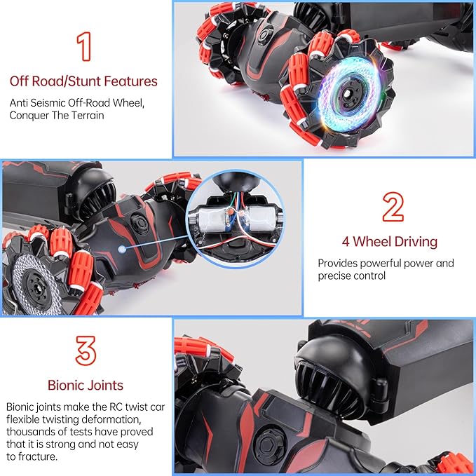 Gesture Sensing RC Stunt Car 2.4 GHz 4WD Remote Control Car 360° Rotate Transform Off-Road Drift RC Cars with Cool Lights Music Ideal Presents for Boys Girls for Birthday (Red)