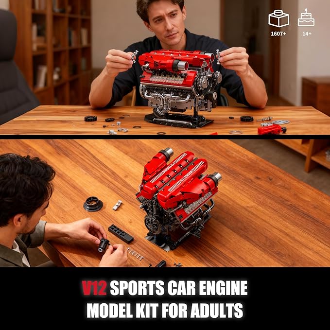 V12 Engine Model Kit That Runs 12-Cylinder Sports Car Engine Building Set with Rechargeable Motor Compatible with Lego for Adults Engineering Construction STEM Toy for Teens (1607 PCS)