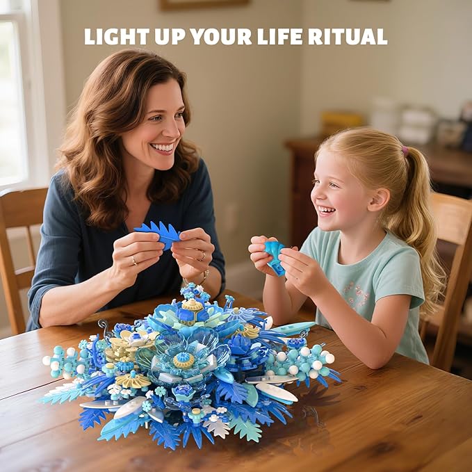 Blue Flowers Bouquet Building Sets Artificial Flower Botanical Collection Home Decor Office Wall Art Plant Decoration Building Toys Gifts for Adults Women and Kids Girls Age 8-12 (917 PCS)