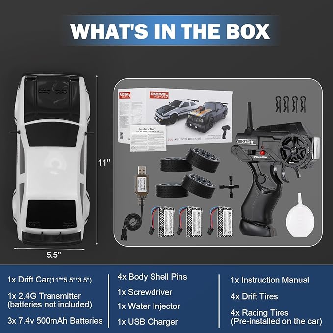 RC Drift Car 1:16 Scale AE86 Model RC Drift Car 4WD 18KM/h High Speed Remote Control Cars with LED Lights Spray Drifting Tires Sport Racing On-Road Vehicle for Teens Adults