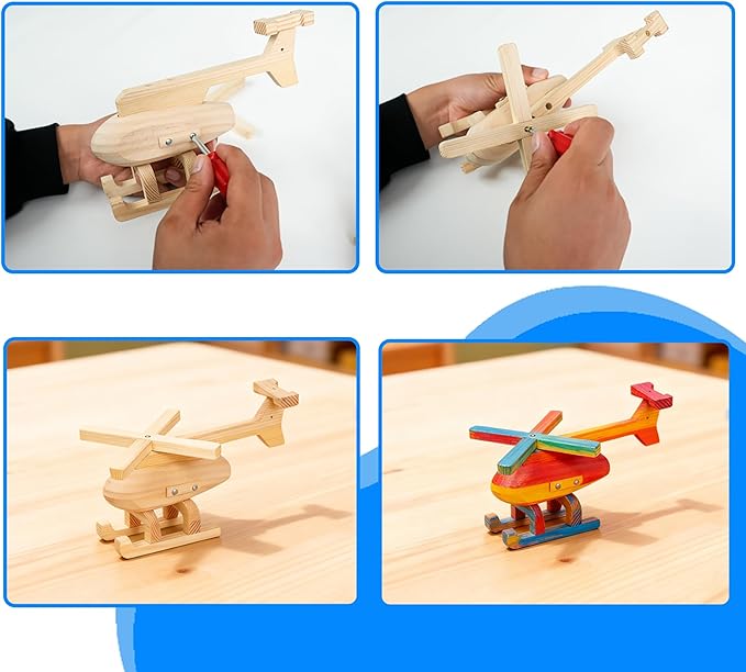 Easy Playhouse: Wood Building Toy Kit - DIY 3 Vehicle Projects: Helicopter Truck &amp Excavator 12 Paint Colors &amp 2 Brushes Arts &amp Craft Set Kids 8+