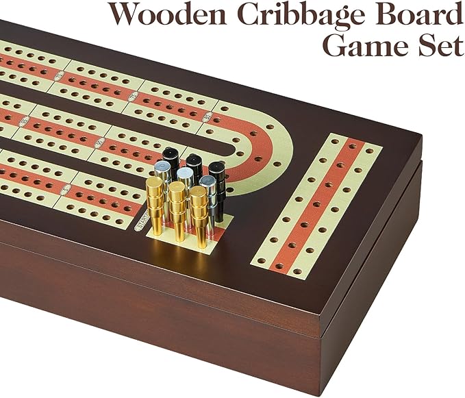 Cribbage Board Game Set Continuous 3 Track Wooden Board with Magnetic Lock 9 Metal Pegs 2 Playing Cards Large Storage Area Travel Portable Travel Cribbage Boards for Adult Child