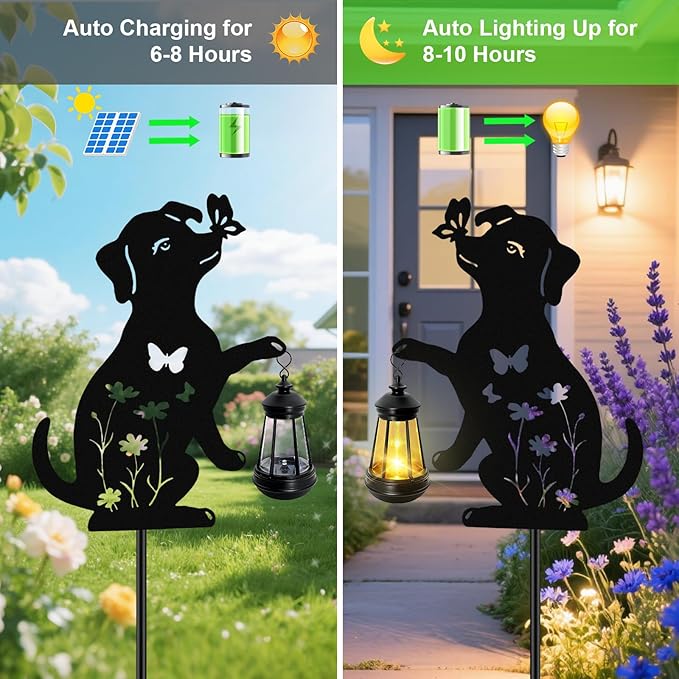 Solar Lights Outdoor Stakes Metal Dog Solar LightsBirthday Gifts for Women Mom Grandma Waterproof Hanging Lantern Garden Ornaments Decor Outside Backyard Yard Art Patio Pathway