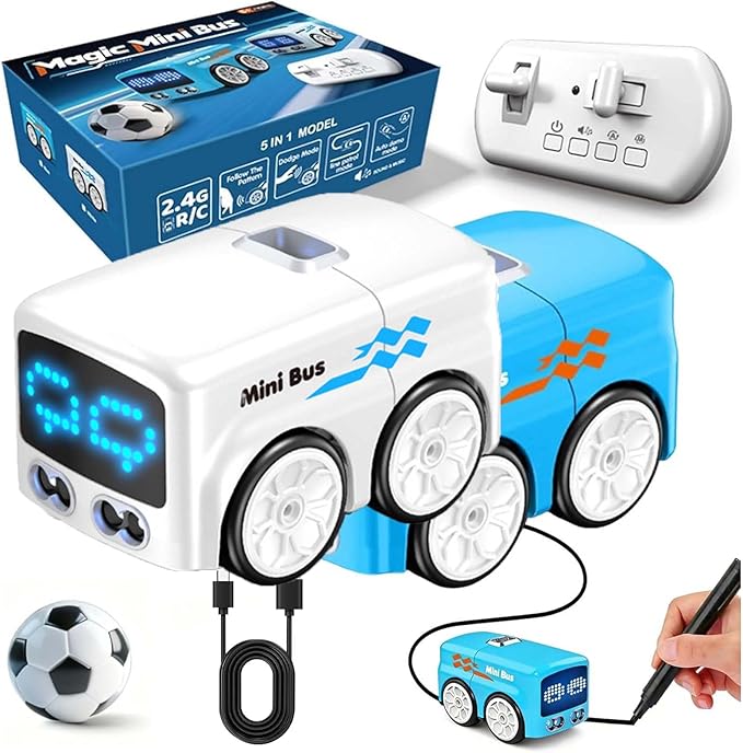 (2PCS) Magic Mini Bus Follows Line Car Inductive Mini Interactive Cars Follows The Line Intelligent Line Tracking System with Dynamic LED Expressions Educational STEM (1+1)