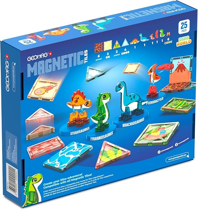 Magnetic Tiles for Kids Ages 4-8 25 Piece Dinosaur Building Blocks Set with T-Rex &amp Stegosaurus Magnet Toys for Toddlers &amp Preschoolers - Educational Construction Toy Magnetic Building Sets
