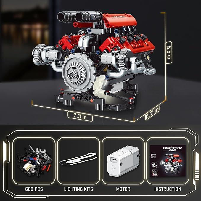 V8 Engine Model Kit That Work - 8-Cylinder Visible Engine Building Blocks Set with Motor LED Light &amp APP Control - Build Your Own Engineering Kit STEM Project for Adults &amp Kids (660 PCS)