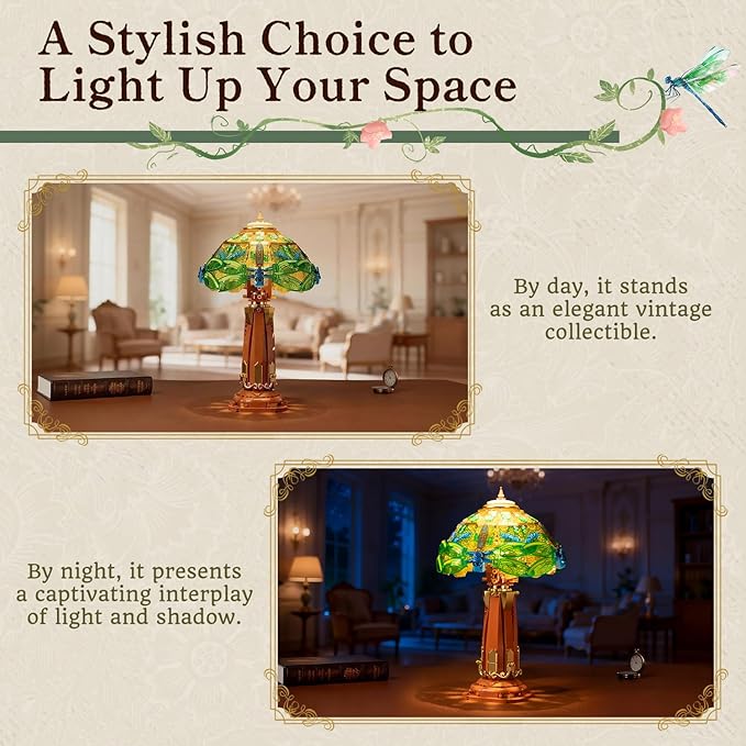 PANTASY Vintage Style Table Lamp Bricks Set Stained Glass Lamp Building Block Set Dragonfly Floral Table Lamp Retro Art Desk Night Light with LED USB-C Powered for Adult Home Decor Collection Gift
