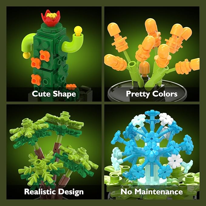 JMBricklayer Flowers Succulents Building Sets for Adults Valentines Day 12 Pack Tiny Plants Botanical Collection Display for Room Decor Bonsai Flowers Building Blocks Gifts for Women Valentines