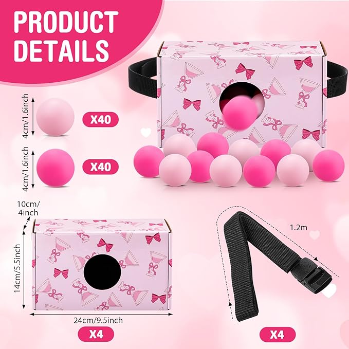 Yaomiao 4 Pack Bachelorette Party Shaking Swing Balls Game Set Includes 4 Set Strap Shake Box and 80 Balls for Birthday Bachelorette Bridal Shower Table Tennis Game(Pink BowPink)