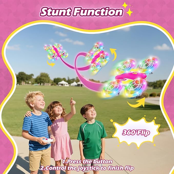 LED RC Drone for Kids 6+ Christmas Birthday Gift for Boys &amp Girls with Remote Batteries 360° Flip High Speed Mode 45 Min Flight Indoor and Outdoor Flying Toy - RoseRed Yellow