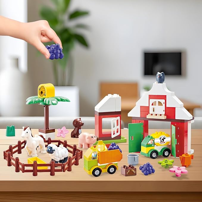 Building Blocks for Toddlers 1-3-5 Farm DIY Big Classic Building Bricks Toys Set for Kids Ages 2-4-5-8 With Barn Animals Truck Compatible With All Major Brands Gift Toy for 3-5 Boys Girls 74 Pcs