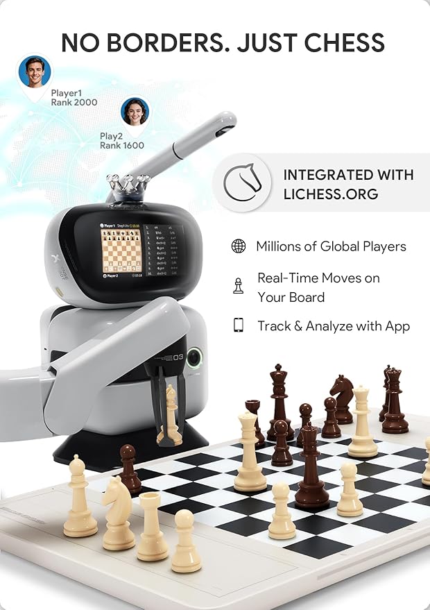 SenseRobot AI Chess Robot with Robotic Arm Electronic Chess Board for Kids &amp Adults 25 AI Levels 1200+ Exercises Voice Coaching Lichess Integration Wi-Fi OTA Updates