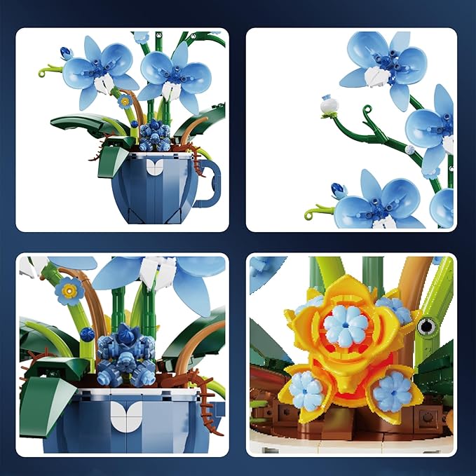 Blue Orchid Flower Building Set for Adults Coffee Cup Orchid Botanical Collection Plant Building Kit Home and Office Decor Gift for Christmas Day Valentines Birthday 567pcs
