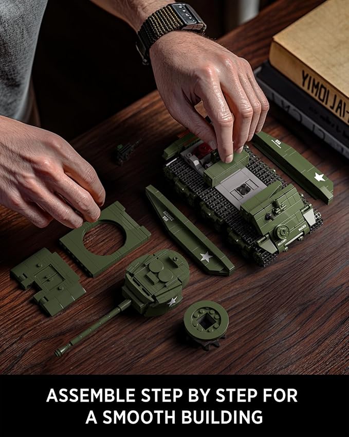 Nifeliz Sherman Military Tank Building Set for Adults Collectible WW2 Military Model Toy to Build and Display M4 Medium Vehicle for Army Enthusiasts (860 PCS NF10313)