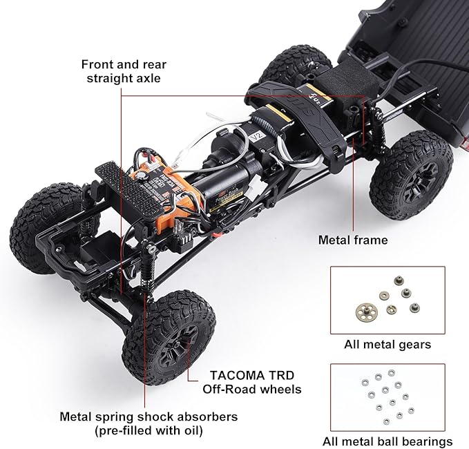 FMS FCX24 TOYOTA TACOMA 1/24 RC Crawler 4x4 RC Truck Crawler Official Licensed Scale RC Rock Crawler with 2-Speed Transmission High Torque Motor All-Metal Bearings RTR RC Car for Adults (RED)