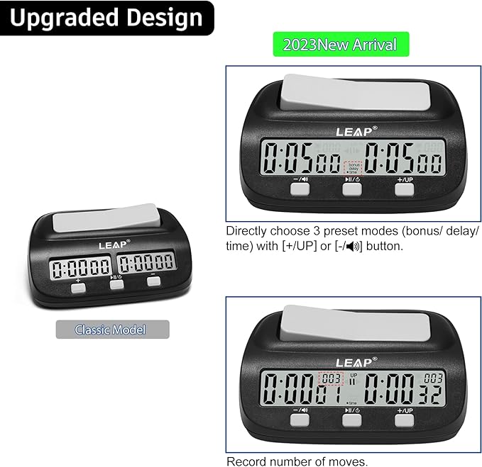 LEAP Chess Clock Digital Chess Timer Professional Chess Clock Timer with Time Bonus and Delay Features Great for Chess I-Go Upgraded Model