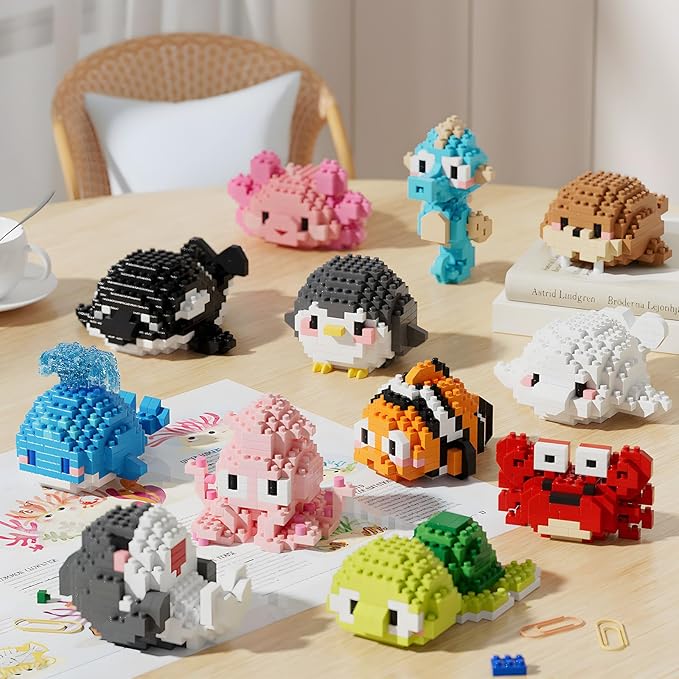Small Toy GiftParty Favors for Kids12 Boxes Marine Animals Micro Mini Building Blocks Set Birthday Gift for Kids Ages 8-16+