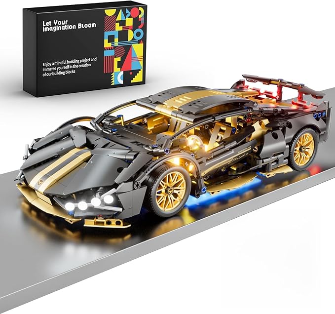 Sport Car Building Block Sets for Adults1:14 Technical Race Car with LED Collectible Model Scale Engineering Toys Gifts for Boys Men Teens Black Supercar Fans 8+ 8-12 12-16 13 14 14+