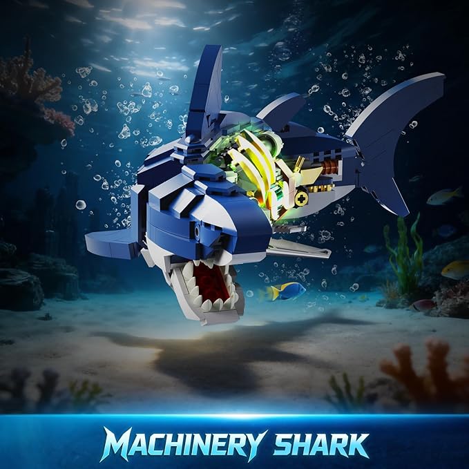 Mechanical Shark Building Set with LED Light 687 PCS Movable Ocean Animal with Display Stand Sea Fish Building Block Toy Home Decor Gift for Adults Teens Kids Boys Ages 12+