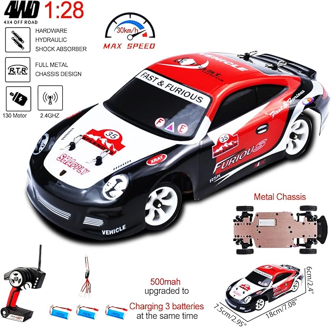 WLtoys K969 RC Car Upgraded 500mah Battery x 3 1/28 Scale 4WD 30KM/H High Speed RC Racing Drift Car for Kids and Adults with Gift Box