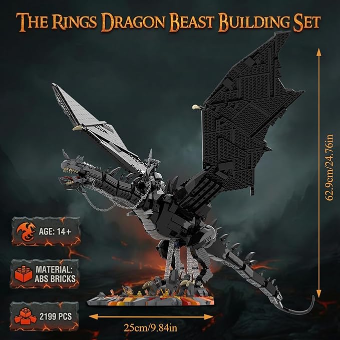 The Rings Dragon Beast Building Set for Adults 80cm Big Dragons with Witch King Figure &amp Display Ideas Movie Cool Classic Home Decor for Collectors (2199 PCS
