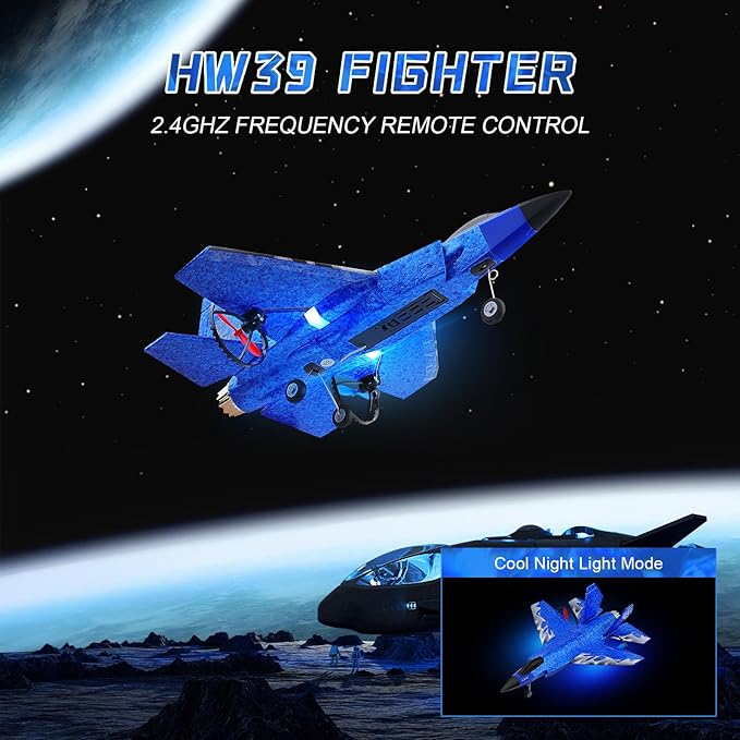 RC Plane 2CH RC Airplane Toys HW39 Fighter 2.4GHz Remote Control Plane RTF for Beginner Kids and Adults F35 Aeroplane with Night Lights USB Charging (Blue)