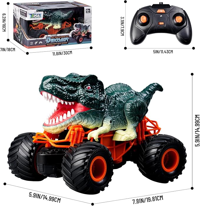 Dinosaur Monster Truck Toys - Remote Control Dinosaur Car 2.4Ghz RC Truck with Lights Music &amp Spray - Electric Hobby RC Cars for Toddlers - Birthday Gift for Kids Boys Girls Ages 3-8 (Green)