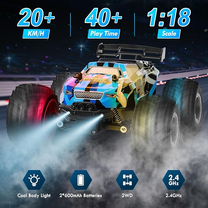 Remote Control Car Remote Control Truck 2.4Ghz All Terrain Off-Road Monster Truck 20 KM/H Rc Cars with LED Bodylight and 2 Rechargeable Batteries Toys for Boys
