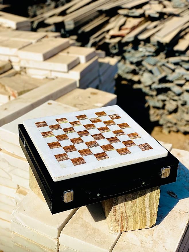 Marble Chess Set Handmade Onyx Full Chess Game Set.Comes in Rexine Box Packaging. Perfect for Gifting (White Multigreen)