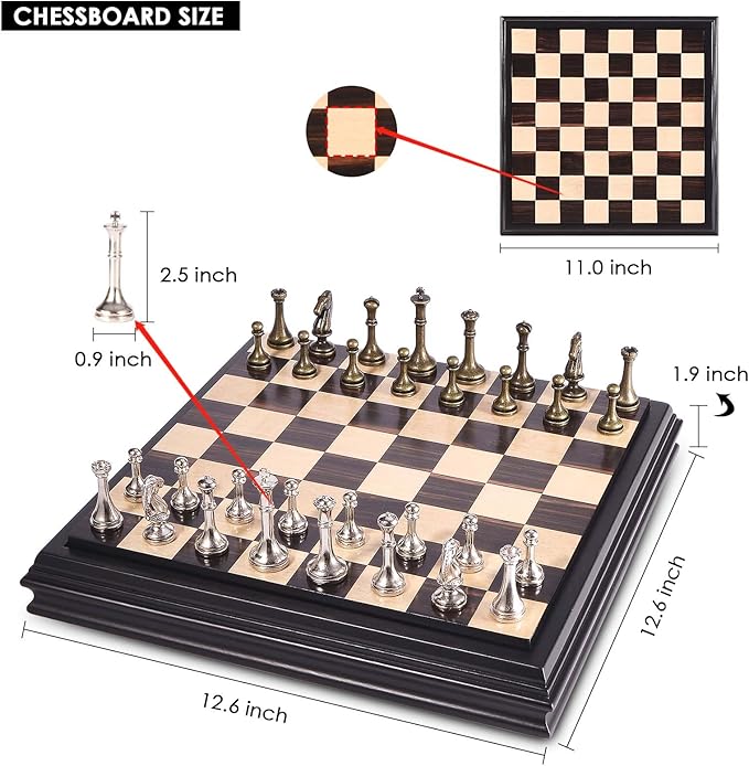AMEROUS 12.5 inches Wooden Chess Set with Metal Chess PiecesClassic Board Game w/ 2.5'' King/Storage for Chessmen/Instructions Chess Sets for Adults Kids Beginner