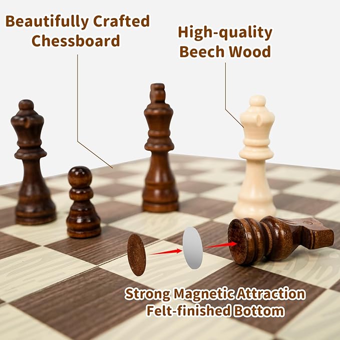 Magnetic Wooden Chess Board Set – 15.3 Folding Travel Chess Sets with Storage Slots – 2 Extra Queens Chess Board Set for Kids Adults Beginners – Portable Chess Game with Pieces Storage