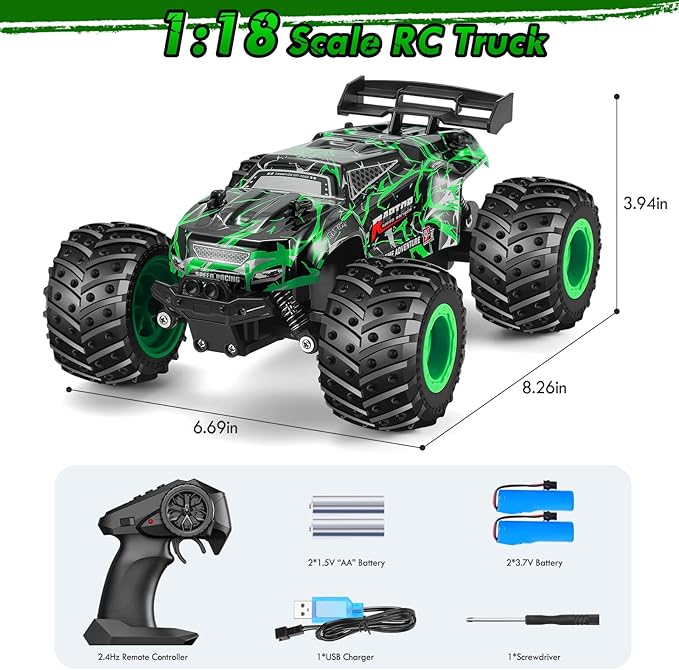 Remote Control Car 1:18 Rc Cars All-Terrain RC Truck with LED Light 20KM/H Rechargeable 2WD 2.4GHz Sturdy PVC Shell Remote Control Truck for Boys 4-7 8-12 Beginner (Green)