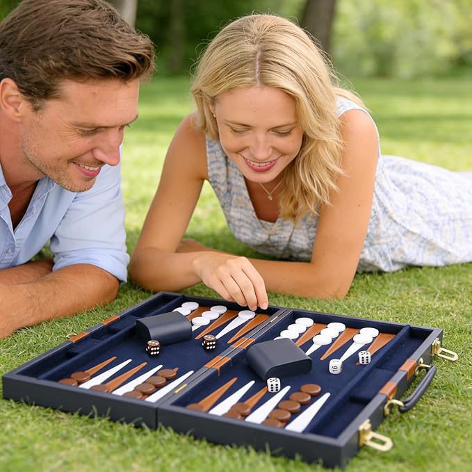 Backgammon Set - Classic Board Game with Premium Leather Case - Portable Travel Strategy Backgammon Game Set for Adults Kids - Suitable as (11inch Navy)