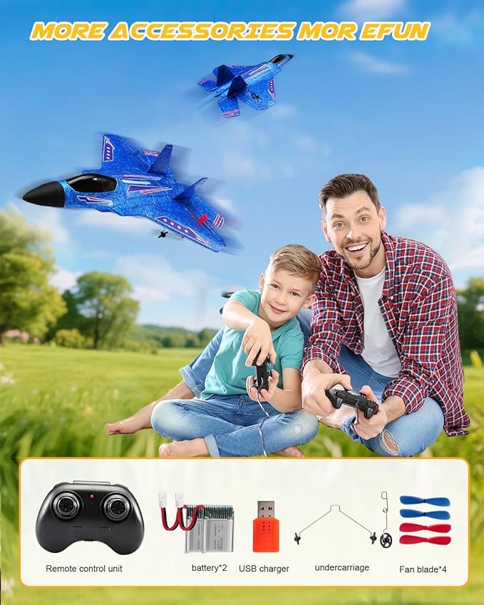 F22 RC Airplane Easy to Fly - 2.4GHz Remote Control Fighter Jet with Gyro Stabilizer &amp LED Lights 2 Batteries Foam RC Glider for Kids Boys Adults Beginners (Blue)